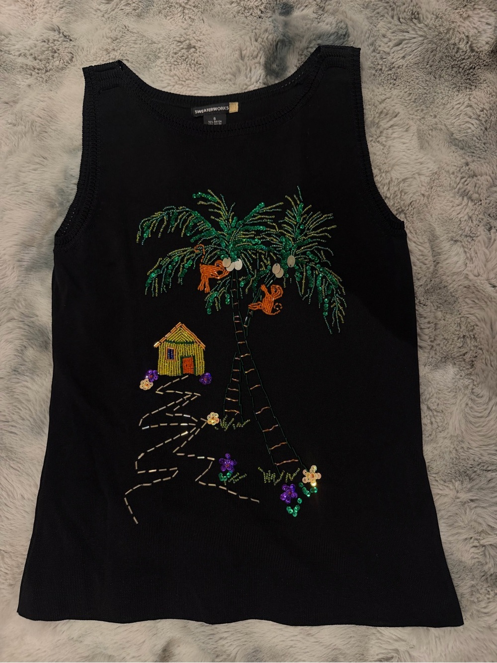 Sweaterworks Vintage Black Beaded Palm Tree, monkey and hut tropical